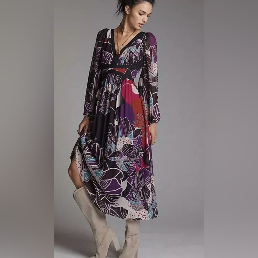 New! LET ME BE‎ ANTHROPOLOGIE FLORAL MIDI DRESS BLACK BOHO - Picture 4 of 6